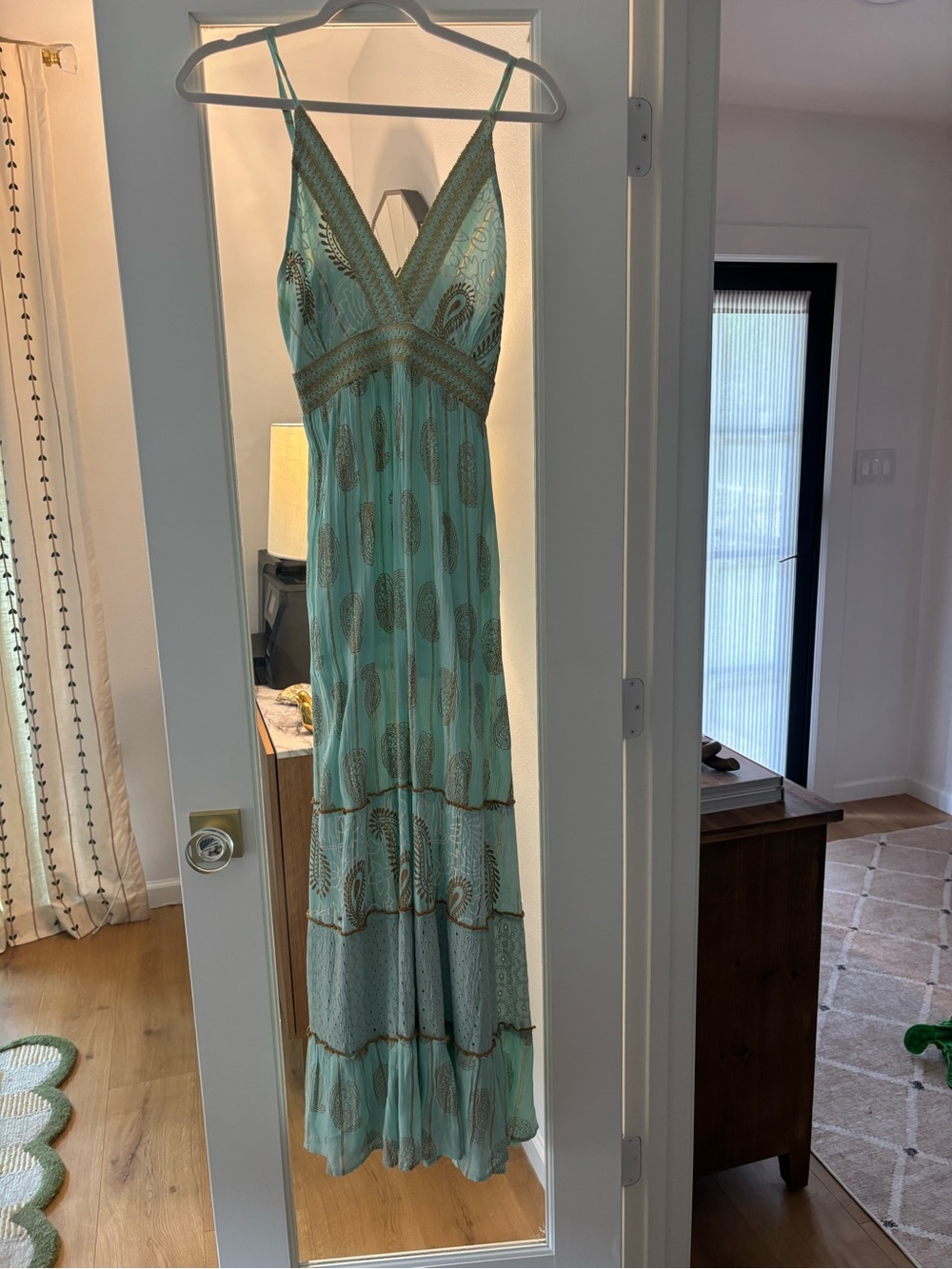 Blue-Green Tiered Maxi Dress with Gold Detailing